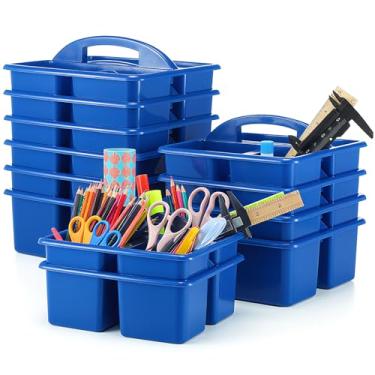 Imagem de Threehoney Pacote com 12 cestos de armazenamento para sala de aula com alça, 3 compartimentos de plástico, organizador de armazenamento a granel para artes, escritório, lápis, marcador de giz de cera