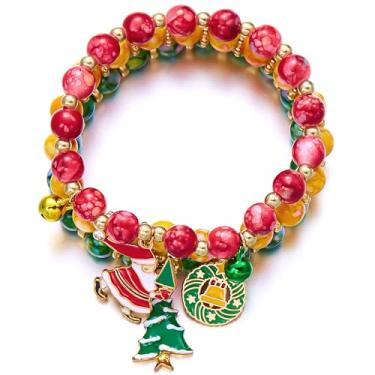 Imagem de Decixde Conjunto de 3 pulseiras de Natal, Papai Noel, floco de neve, árvore de Natal, contas elásticas, para mulheres, joias fofas de festa de Natal, Medium, Liga + acrílico, Sem Pedra Preciosa