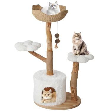 Imagem de Árvore de madeira natural para gatos de 118 cm, torre moderna para gatos com várias plataformas, postes de sisal, cama tecida à mão, almofadas brancas