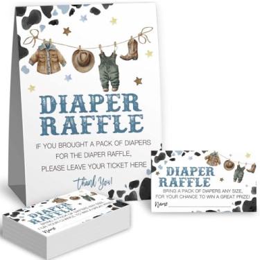 Imagem de Puouoonyi Bilhetes de sorteio de fraldas de cowboy para jogo de chá de bebê, jogos de chá de bebê com tema ocidental, (1 placa de pé e 50 cartões de adivinhação), um pequeno caubói está a caminho