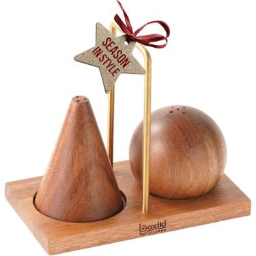 Imagem de Conjunto de caixa de sal Boxiki – adega de sal aberta de madeira e recipiente de pimenta, suporte organizador de especiarias com base, armazenamento decorativo de temperos para bancada de cozinha