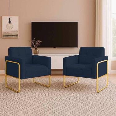 Imagem de Poltrona Sala Industrial Alta Tubo Dourado Kit 2 Elisa Suede Azul Marinho D03 - D`rossi