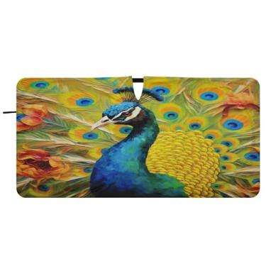 Imagem de Blueangle Pintor a óleo de pavão pára-brisa para-sol - 149.9 cm x 76.2 cm dobrável carro janela frontal blocos pára-sol raios UV viseira de sol (17)