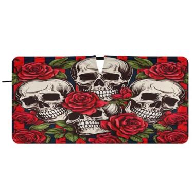 Imagem de Blueangle Para-brisa com padrão de crânio rosa - 149.9 cm x 76.2 cm dobrável carro janela dianteira para-sol blocos raios UV viseira de sol (707)