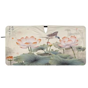 Imagem de Blueangle Guarda-sol para para-brisas florais beija-flores chineses - 149,9 cm x 76,2 cm dobrável para janela dianteira do carro blocos de para-sol raios UV viseira de sol (296)