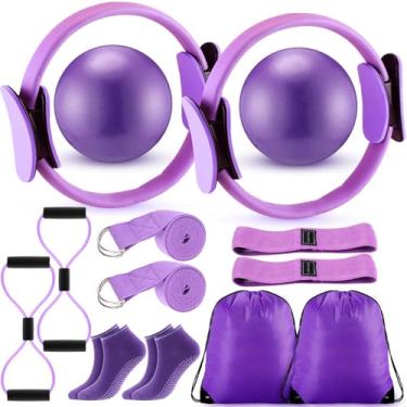 Imagem de Poen Kit de 14 peças de pilates em casa para mulheres, conjunto de anel e bola de pilates com alça de alongamento, 8 faixas de resistência, meias antiderrapantes, bolsas de ginástica, equipamento de