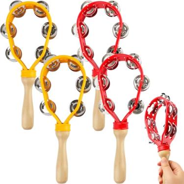 Imagem de Pacote com 4 Pandeiros com fileira dupla de metal para adultos, instrumento de percussão musical portátil com cabo de madeira, presente de festa, igreja, KTV