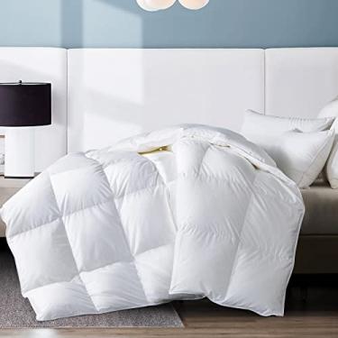 Imagem de WhatsBedding Edredom Queen com penas de ganso e plumas para todas as estações, coleção de hotel luxuoso, capa de 100% algodão, branco, aquecimento médio, enchimento de edredom com abas de canto -