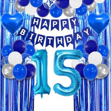 Imagem de Balões azuis 15º aniversário decoração menino azul feliz 15º aniversário festa balões guirlanda suprimentos 15º aniversário suprimentos com número azul escuro 15 balões de alumínio para adolescentes