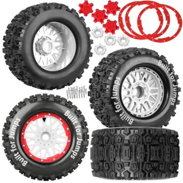 Imagem de BRCatWPark 17mm Hex 1/8 1/10 RC Wheels and Tires for 1/10 Maxx/E-Revo/T-Maxx/Summit/Kraton/Outcast 4S,etc RC Monster Truck,RC Tires and Rims with Foam Inserts,(4Pcs) Red White