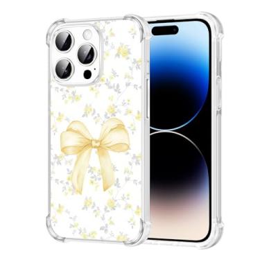 Imagem de Vulfwela Capa para iPhone 14 Pro de 6,1 polegadas com laço amarelo, linda estampa de flores românticas, capa de telefone transparente para mulheres e meninas, antiamarelamento, antiqueda, à prova de