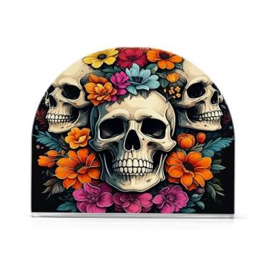 Imagem de Qilmy Porta-guardanapos de acrílico de crânio de flores e plantas, suporte de guardanapo de coquetel de plástico transparente para mesas de restaurante de cozinha, 1 peça