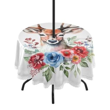 Imagem de Qilmy Toalha de mesa redonda à prova d'água de veado em aquarela de Natal de 152 cm com orifício para guarda-chuva e zíper – uso externo / interno resistente para pátio, churrascos, piqueniques