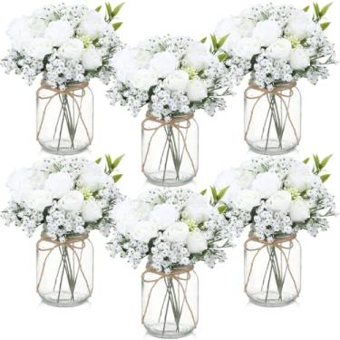 Imagem de Ninehaoou Conjunto de 6 conjuntos de flores falsas com vaso de flores artificiais de rosas de seda com buquês artificiais de hálito de bebê, decoração rústica de casa de fazenda para casa, mesa, festa