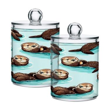 Imagem de Qilmy Cute Sea Otters Suporte Qtip pacote com 2, frascos de boticário de 400 ml, vasilha organizadora de banheiro para cotonetes, bolas de algodão, almofadas de maquiagem, fio dental, sais de banho