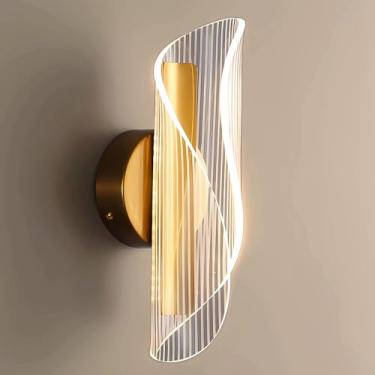 Imagem de Luminária de parede LED moderna para interiores, modelo simples, para cabeceira, 29 cm, dourada, com luz branca quente de 3000K, ideal para sala de estar, quarto, sala de jantar, corredor e