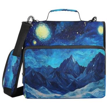 Imagem de JUZIHAI Van Gogh Starry Sky Mountains Fichário com zíper com 3 anéis com alça de ombro e vários bolsos, bolsa organizadora de pasta de arquivo para escola e escritório