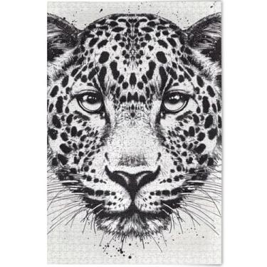 Imagem de Cabeça de leopardo preto e branco personalizado 1000 peças quebra-cabeças para adultos presentes para amantes de quebra-cabeça paisagem cena quebra-cabeça animal arte floral, 75 x 50 cm