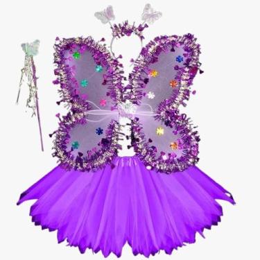 Imagem de Fantasia Borboleta Fada Saia Tule Asa Tiara Varinha Carnaval (Violeta)