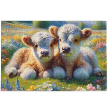 Imagem de Quebra-cabeça de vaca Highland floral personalizado 500 peças para adultos amantes de elefantes brancos presentes quebra-cabeça cena de outono pintura de arte floral, 52 x 37,8 cm