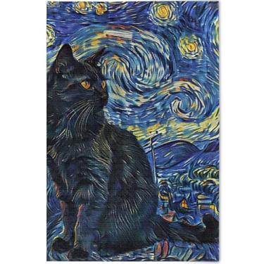 Imagem de Noite estrelada gato preto 1000 peças quebra-cabeças para adultos amantes presentes família quebra-cabeça único divertido brinquedo adulto cenário arte floral, 75 cm x 50 cm