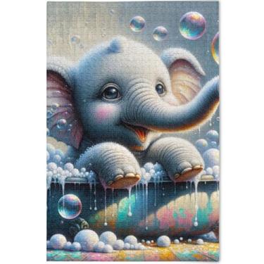 Imagem de Quebra-cabeça de elefante de banho fofo personalizado 500 peças para adultos jogo engraçado arte divertida arte animal pintura, 52 cm x 37,8 cm
