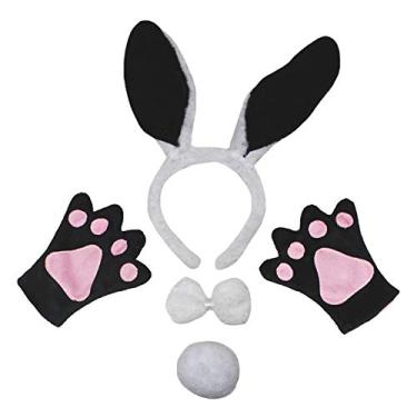 Imagem de Petitebella Luvas de orelha de coelho com laço e cauda de gravata borboleta 4 peças fantasia 1-10 anos (branco/preto, 1-5 anos)