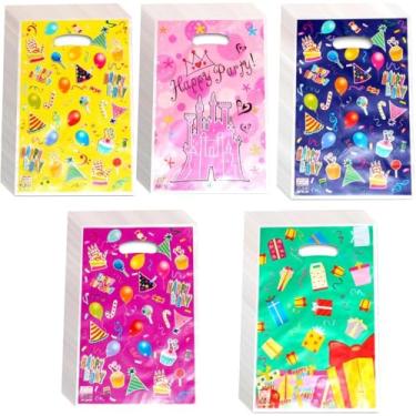 Imagem de 100 peças de plástico para festas, sacolas coloridas de presente de aniversário com alças, lindas sacolas de lembrancinhas de festa de aniversário para meninas, meninos, crianças, suprimentos de festa