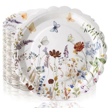 Imagem de Havawish 100 peças de pratos de papel floral de primavera, aquarela, flores silvestres, descartáveis, utensílios de mesa, para primavera, aniversário, chá de bebê, festa de casamento