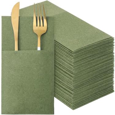 Imagem de Qilery 50 guardanapos de papel e linho descartáveis, guardanapos de jantar pré-dobrados, com bolso embutido para talheres de prata, dia de casamento, dia de Natal (verde claro)