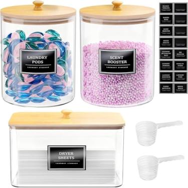 Imagem de Embalagem com 2 + 1 recipiente de vidro para lavanderia e suporte de folha de secador, recipientes transparentes para organização de lavanderia com tampas de bambu e etiquetas pretas, recipiente de