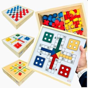 Imagem de Jogos de Tabuleiro 3 em 1 Dama, Ludo e Jogo da Velha Clássicos Toy Trade Oficial Brinquedos Educativos Madeira de Reflorestamento