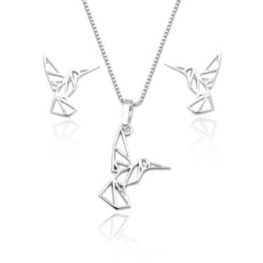 Imagem de Colar Pingente Par Brinco Beija Flor Origami Prata Original - Lojas La