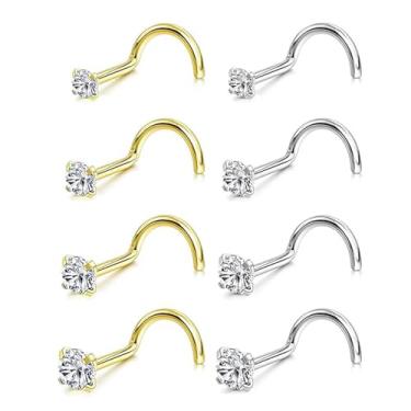 Imagem de Incaton 8 peças de anéis de nariz 20G de ouro/prata, aço inoxidável cirúrgico 316L, hipoalergênico, parafuso de saca-rolhas, piercing de parafuso para mulheres, tamanho CZ 1,5 mm, 2 mm, 2,5 mm, 3 mm