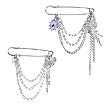 Imagem de RLHRNDE Conjunto de 2 peças de broche de borla de corrente para mulheres strass coração flor estrela corrente longa cristal brilhante pérola suéter clipes xale colar punk corrente broche bijuteria