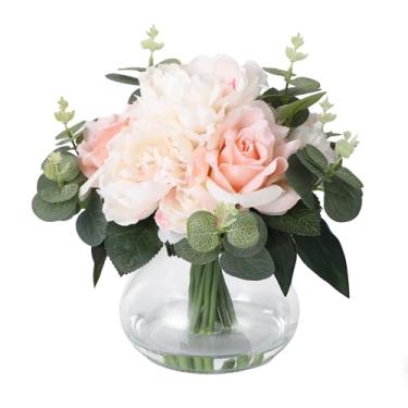Imagem de homfan 4 rosas realistas + 4 peônias em vaso de vidro com água sintética, arranjos de flores artificiais para centros de mesa de casamento e casa