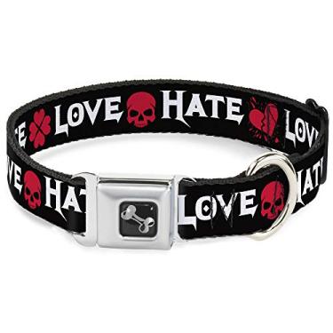 Imagem de Buckle-Down Coleira para cachorro com fivela de cinto de segurança - Love/Hate Black/White/Fuchsia - 2,54 cm de largura - Serve no pescoço de 28-43 cm - Médio
