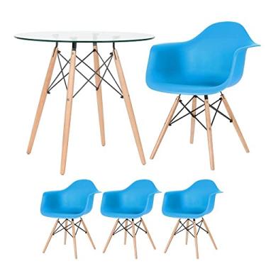 Imagem de Loft7, Kit Mesa redonda de vidro Eames 80 cm + 3 cadeiras Eiffel Daw azul céu