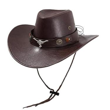 Imagem de Chapéu Country Americano Cowboy de Couro Sintético Marrom com Cordão Ajustável, Estilo Rodeio Sertanejo