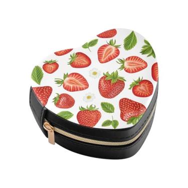 Imagem de Burbuja Caixa de joias em forma de coração de morango, mini estojo de viagem para mulheres e meninas, organizador portátil de armazenamento para brincos, anéis, colares e pulseiras
