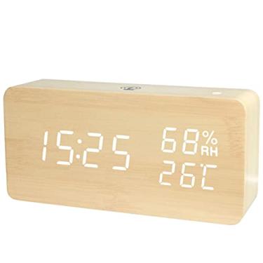 Imagem de Relógio de Alarme Madeira com LED Digital Controle via APP por Som 4 Níveis Brilho Exibição Temperidade Umidade Data Eletrônico Mesa Alimentação USB ou Bateria e 5 Grupos