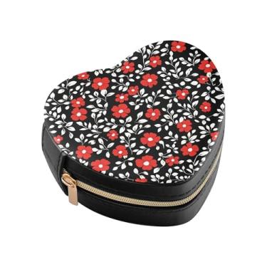 Imagem de Burbuja Caixa de joias pequenas flores vermelhas em forma de coração, mini estojo de viagem para mulheres e meninas, organizador portátil de armazenamento para brincos, anéis, colares e pulseiras