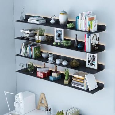 Imagem de Prateleiras flutuantes de metal, prateleira de exibição flutuante de parede, prateleiras de livros iluminadas com luz LED, prateleiras de exibição resistentes para bar, sala de estar, banheiro