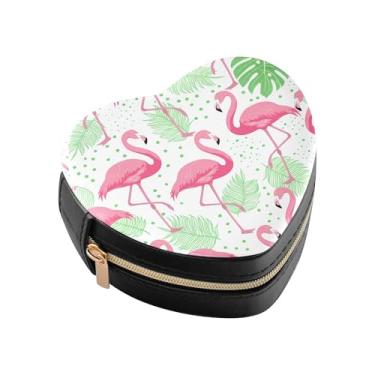 Imagem de Burbuja Caixa de joias rosa flamingos folhas de palmeira em forma de coração, mini estojo de joias de viagem para mulheres e meninas, organizador portátil de armazenamento para brincos, anéis, colares