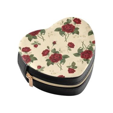 Imagem de Burbuja Caixa de joias em forma de coração de rosas vermelhas mini estojo de joias de viagem para mulheres e meninas, estojo portátil organizador de armazenamento para brincos, anéis, colares e