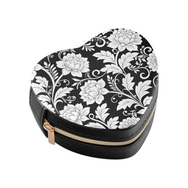 Imagem de Burbuja Caixa de joias com flores brancas em formato de coração preto, mini estojo de viagem para mulheres e meninas, organizador portátil de armazenamento para brincos, anéis, colares e pulseiras
