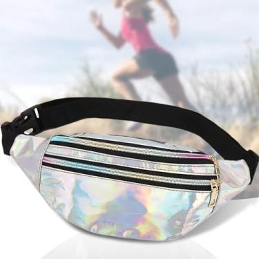 Imagem de Pochete feminina holográfica, transversal, à prova d'água, com cinto ajustável, bolsa de quadril, moderna, esportiva, PU, brilhante, pochete, Prata, Pacotes de cintura