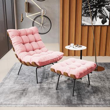 Imagem de Kit 01 Poltrona e 01 Puff Costela Suede Rosa Bebê Base Metálica Preto - D'Rossi