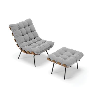 Imagem de Kit 01 Poltrona e 01 Puff Costela Suede Cinza Base Metálica Preto - D'Rossi