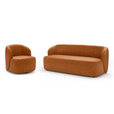 Imagem de Poltrona Giratória E Sofá Orgânico Living Leez 170cm 02 Lugares Couríssimo Caramelo - Desk Design